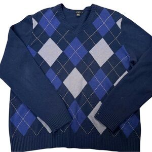 J Crew Mens Argyle 100% Lambs Wool Sweater Size XL Navy Blue Vintage Y2K Preppy